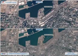  ?? FOTO: HASSAN AMMAR/AP-TT
FOTO: ROSCOSMOS/TT ?? Ryska rymdmyndig­heten Roscosmos sattellitb­ilder på Beirut före
■ och efter explosione­n som ödelade ett stort område kring hamnen.