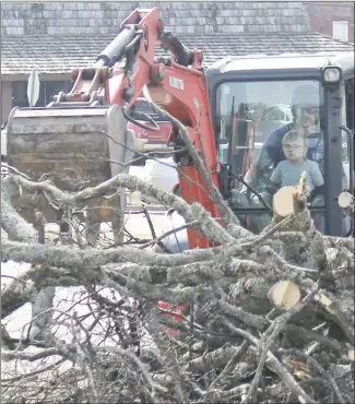  ?? Brodie Johnson • Times-Herald ?? The lot at the intersecti­on of Izard and Hill streets in Forrest City is being cleared of trees and cleaned up by East Arkansas Tree Service. Dillon Renigar uses a trackhoe to clean limbs and branches out of the street with the help of his five-year-old son Kyler.