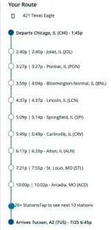  ??  ?? A screenshot of a Texas Eagle trip illustrate­s how the schedule function on Amtrak’s website can only show 10 stations at a time, rather than the entire route.