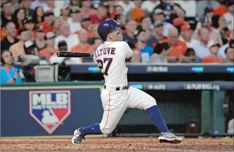  ?? DAVID J. PHILLIP/AP PHOTO ?? The Houston Astros’ Jose Altuve watches his solo home run, his third of the game, against the Boston Red Sox in the seventh inning in Game 1 of baseball’s American League Division Series on Thursday.