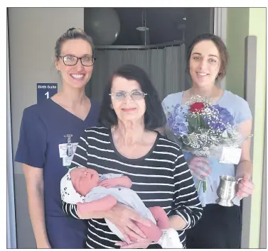  ??  ?? (From left) Midwife Rachel Pierce, Gail McLean holding baby Jax Van Beusichem and Jax’s mum Emma Lumber.