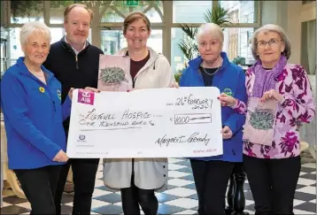  ?? Photo by John Kelliher ?? Margaret Carmody, far right, presenting the proceeds of her appeal to the Listowel Hospice at the Listowel Arms Hotel. From left, Julie Gleeson, Colm Callaghan, Theresa Grimes, Helen Duggan and Margaret Carmody.