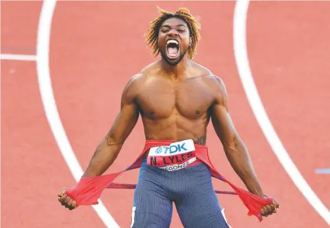  ?? ANDY LYONS/GETTY IMAGES ?? Noah Lyles’s time of 19.31 seconds Thursday night toppled the American record of 19.32 that Michael Johnson set at the 1996 Atlanta Olympics.