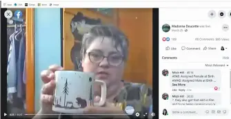  ?? CONTIBUTED ?? Madonna Doucette, LGBTQ+ educator and co-ordinator of the Cape Breton Youth Project, shows her new beaver mug at the start of a Facebook livestream she did on March 25.