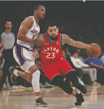  ?? HARRY HOW/GETTY IMAGES FILE ?? Raptors guard Fred Vanvleet drives to the basket past Avery Bradley of the Los Angeles Lakers during a 113-104 Raptors win at Staples Center on Nov. 10.