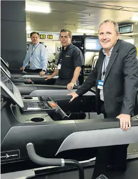  ?? Picture:WERNER HILLS ?? WORKING OUT: Goodyear South Africa has opened an onsite gym for its employees. Trying out the treadmills are, from left, Goodyear EMEA manufactur­ing director Ray Norris, manufactur­ing director SA Ian Hind and group managing director Darren Hayes-Powell