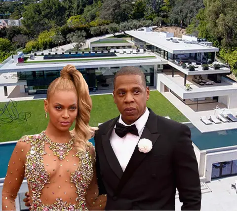  ??  ?? BILLIONAIR­ES’ ROW: Beyonce and Jay Z inset over an aerial photo of 454 Cuesta Way in Bel Air, Los Angeles