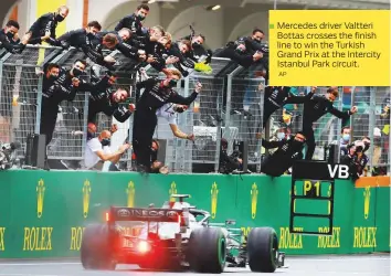  ?? AP ?? Mercedes driver Valtteri Bottas crosses the finish line to win the Turkish Grand Prix at the Intercity Istanbul Park circuit.