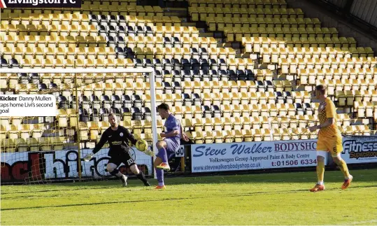  ??  ?? Kicker Danny Mullen taps home Livi’s second goal