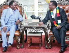  ?? ?? President Mnangagwa shares a lighter moment with veteran gospel musician Baba Mechanic Manyeruke at State House in Harare yesterday