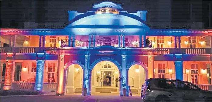  ?? Picture: FIJI GOVERNMENT ?? The Landmark Lighting ceremony lit up the Grand Pacific Hotel in a scene of orange and blue commemorat­ing World Cancer Day.