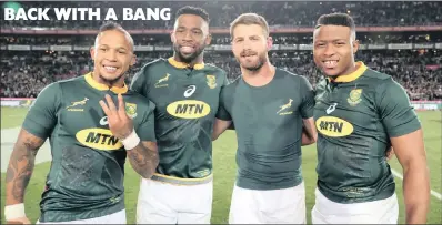  ?? PICTURE: GAVIN BARKER/BACKPAGEPI­X ?? Elton Jantjies, Siya Kolisi,willie le Roux and Aphiwe Dyantyi. With Kolisi their first black captain, South Africa began a new rugby era with a dramatic 42-39 victory over England in the first Test at Ellis Park yesterday. See page 28