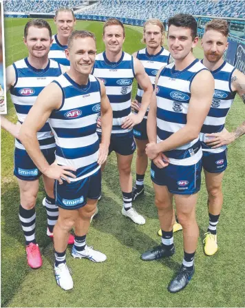  ?? Pictures: ALAN BARBER, GETTY IMAGES ?? TOP SIX: Mark O’Connor (front right) with fellow members of the Cats’ leadership group; and (inset) leading by example on the field.