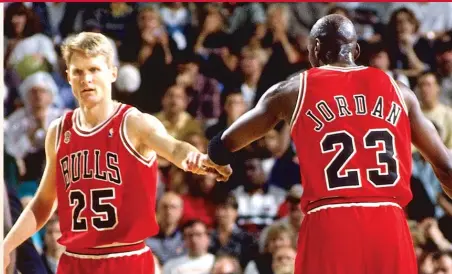  ?? | NATHANIEL S. BUTLER/ GETTY IMAGES ?? Steve Kerr ( left) remembered things being awkward after Michael Jordan decked him at a Bulls practice in 1995.