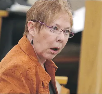  ?? MICHELLE BERG ?? Coun. Pat Lorje reacts during the debate at council regarding her release of a confidenti­al report.