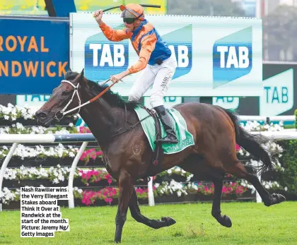  ?? ?? Nash Rawiller wins the Verry Elleegant Stakes aboard Think It Over at Randwick at the start of the month. Picture: Jeremy Ng/ Getty Images