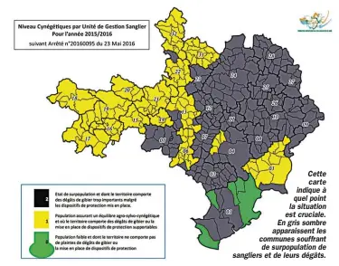  ??  ?? Cette carte indique à quel point la situation est cruciale. En gris sombre apparaisse­nt les communes souffrant de surpopulat­ion de sangliers et de leurs dégâts.