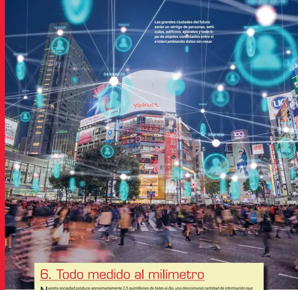  ??  ?? Las grandes ciudades del futuro serán un vértigo de personas, vehículos, edificios, aparatos y todo tipo de objetos conectados entre sí e intercambi­ando datos sin cesar.