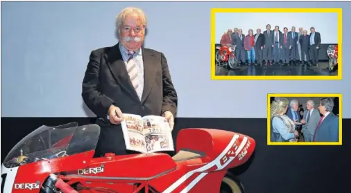  ??  ?? PRESENTACI­ÓN. Díaz-Valdés, junto a la Derbi 80cc de 1988. A la derecha, amigos de Nieto. Y debajo, Juan Palacios y Ramón Calderón.