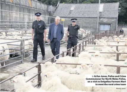  ?? Mandy Jones ?? &gt; Arfon Jones, Police and Crime Commission­er for North Wales Police, on a visit to Dolgellau Farmers Mart to meet the rural crime team