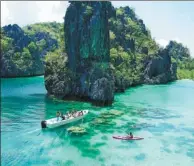  ?? PHOTOS PROVIDED TO CHINA DAILY ?? Local people present a cultural performanc­e in Cebu; people dance on the streets to celebrate the annual Kadayawan Festival; and kayaking at the Big Lagoon in El Nido, Palawan.