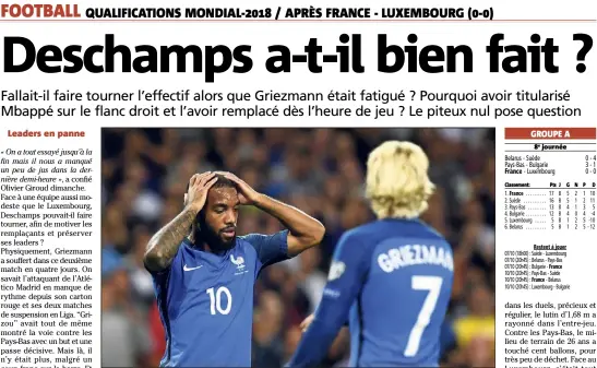  ?? (Photo AFP) ?? Lacazette et Griezmann impuissant­s face au Luxembourg. De quoi susciter les interrogat­ions...