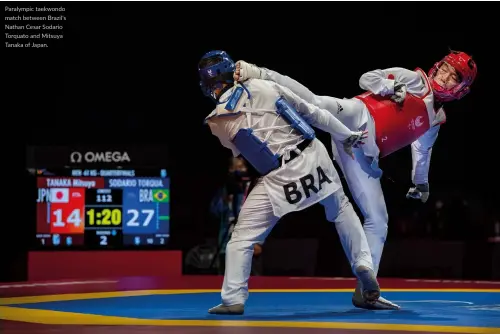  ?? ?? Paralympic taekwondo match between Brazil's Nathan Cesar Sodario Torquato and Mitsuya Tanaka of Japan.