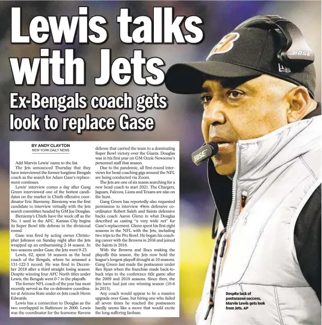  ?? AP ?? Despite lack of postseason success, Marvin Lewis gets look from Jets.