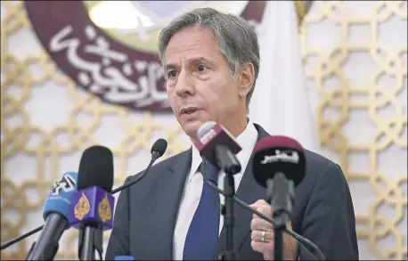  ?? OLIVIER DOULIERY/POOL PHOTO VIA AP ?? Secretary of State Antony Blinken, speaks during a joint press conference with Secretary of Defense Lloyd Austin, Qatari Deputy Prime Minister and Foreign Minister Mohammed bin Abdulrahma­n al-Thani, and Qatari Defense Minister Khalid Bin Mohammed Al-Attiyah, at the Ministry of Foreign Affairs in Doha, Qatar, Sept. 7.