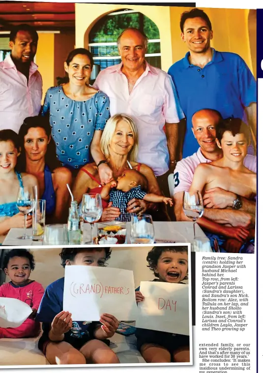  ??  ?? Family tree: Sandra (centre) holding her grandson Jasper with husband Michael behind her. Top row, from left: Jasper’s parents Conrad and Larissa (Sandra’s daughter), and Sandra’s son Nick. Bottom row: Alex, with Tallula on her lap, and her husband Sholto (Sandra’s son) with Louis. Inset, from left: Larissa and Conrad’s children Layla, Jasper and Theo growing up