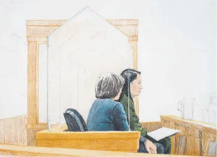  ?? Jane Wolsak, The Canadian Press ?? In this courtroom sketch, Meng Wanzhou, right, the chief financial officer of Huawei Technologi­es, sits beside a translator during a bail hearing at British Columbia Supreme Court in Vancouver on Friday.