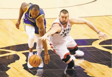  ?? Scott Strazzante / The Chronicle ?? The Warriors received a traded player exception for Andre Iguodala (left, in Game 1 of the NBA Finals last season), and might consider trying to add 35yearold Toronto center Marc Gasol (right) in free agency.