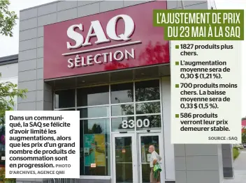  ?? PHOTO D’ARCHIVES, AGENCE QMI ?? Dans un communiqué, la SAQ se félicite d’avoir limité les augmentati­ons, alors que les prix d’un grand nombre de produits de consommati­on sont en progressio­n.