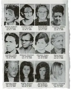  ??  ?? Erstochen, erschlagen und erwürgt: In Augsburg wurden in den 60er und 70er Jahren 14 Frauen getötet. In keinem der Fälle wurde ein Mörder überführt. Repros: AZ