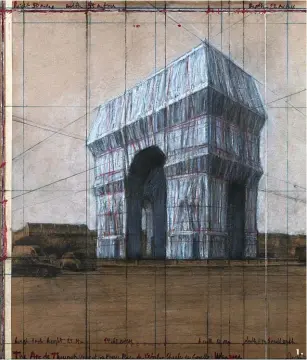  ??  ?? 1. 1. 1. 2.
The Arc de Triumph Wrapped (Project for Paris, place de l’Étoile - Charles de Gaulle) [L’Arc de triomphe empaqueté (Projet pour Paris, place de l’Étoile - Charles de Gaulle)], 2018. Dessins et collages, crayon, fusain, crayon gras, tissus, ficelle, peinture émail. Photo de Wolfgang Volz. Empaquetag­e par Christo de la statue Le Printemps de Paul Niclausse, esplanade du Trocadéro, Paris, 14 février 1964. Don de la Roy Lichtenste­in Foundation en mémoire de Harry Shunk et János Kender. Photo de Shunk-Kender. 2.