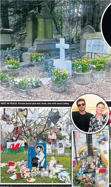  ??  ?? REST IN PEACE: Private burial plot and, inset, star with mum Lesley TRIBUTE: Flowers outside George’s London home. Right, iconic guitar