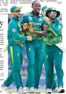  ?? — AP ?? South Africa’s Kagiso Rabada (center) celebrates a Sri Lankan wicket with his teammates. >>>