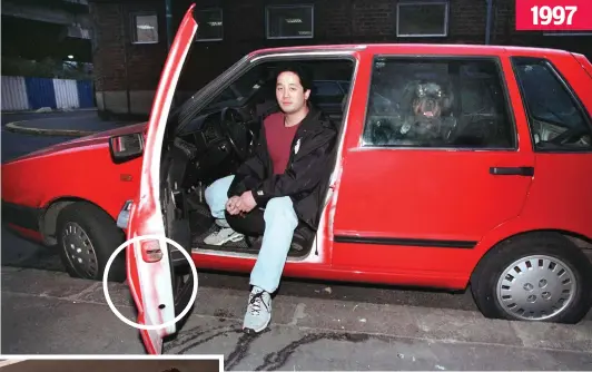  ??  ?? Le Van Thanh and his dog in his Fiat Uno: His father later claimed the car had been resprayed from white to red (circled) hours after the accident