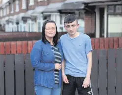  ??  ?? Patrick Burns, who was attacked by a gang, with his mother Donna McBride. Right, Patrick was left with head wounds and bruising
