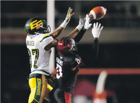  ?? THE CANADIAN PRESS/ FILES ?? Stampeders defensive back Ciante Evans, right, was the lone representa­tive from the Calgary secondary on the West Division all-star team on Friday.
