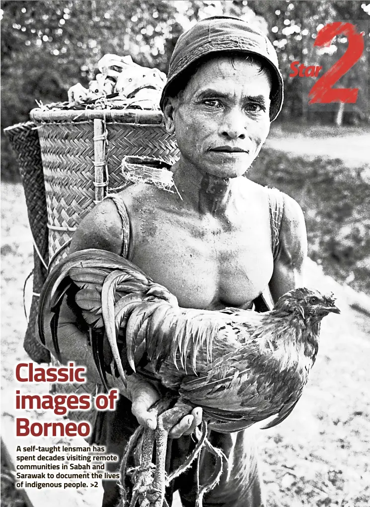  ??  ?? Iban Farmer (digital print, 1976). The farmer was captured making his trek home just before dusk with a basket of produce on his back and his pet cockerel in his arms. He is a resident of Rumah Selepin, the longest longhouse with 81 doors in the Bakong District of Miri, Sarawak. — DENNIS LAU