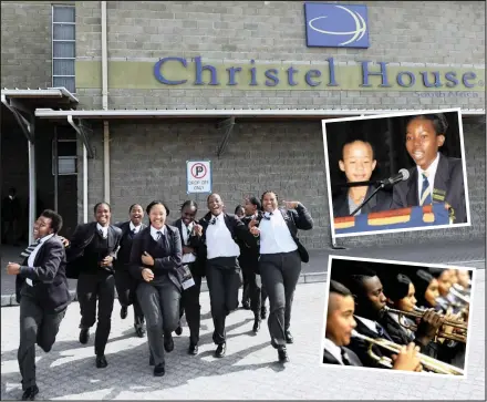  ??  ?? Christel House SA celebrates its successes for 2017. Insets: top, MCs Tiara Sabbat and Nosiviwe Mpukane speak at a special assembly and, below, a musical ensemble treats the crowd. PICTURES: AYANDA NDAMANE/AFRICAN NEWS AGENCY (ANA)