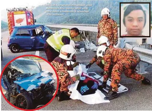  ??  ?? ANGGOTA penyelamat mengangkat jasad Muhammad Aniq (gambar kecil) yang maut dalam kemalangan di Lebuhraya LPT2, semalam.