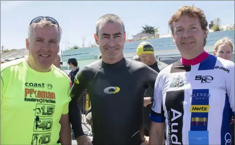  ??  ?? Richard Simpson, Bobby Kenny and Brian O’Leary who took part in the Wexford Tri Club Pikeman Challenge at Rosslare.