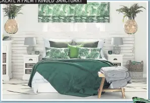  ??  ?? CREATE A PALM-FRINGED SANCTUARY Above: Capri Roman blind in urban jungle (80x170cm), £59; Kinga cushion covers in leaf pattern, urban jungle and green, £13 each; Cotton cloud blanket in leaf green, £45; Modern Lines cream &amp; black area rug, £47, Dekoria