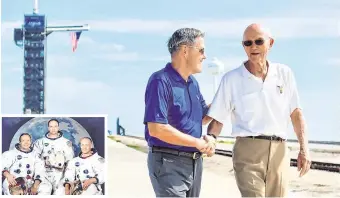  ??  ?? Welcome back: Michael Collins with Kennedy Space Centre director Bob Cabana. Inset, centre with Neil Armstrong and Buzz Aldrin in 1969