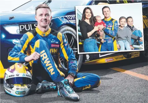  ?? Pictures: TIM HUNTER ?? BIG SACRIFICE: Champion Supercars driver Mark Winterbott­om; and (inset) with his wife Renee and children Oliver, Austin and baby Elliot at Mount Panorama last year.