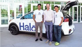  ?? T-MOBILE ?? Halo CEO Anand Nandakumar, left, Justin Jones, vice chair of the Southern Nevada Regional Transporta­tion Commission, and Lukas Herman, software engineerin­g lead at Halo, which plans a driverless car test in Las Vegas.