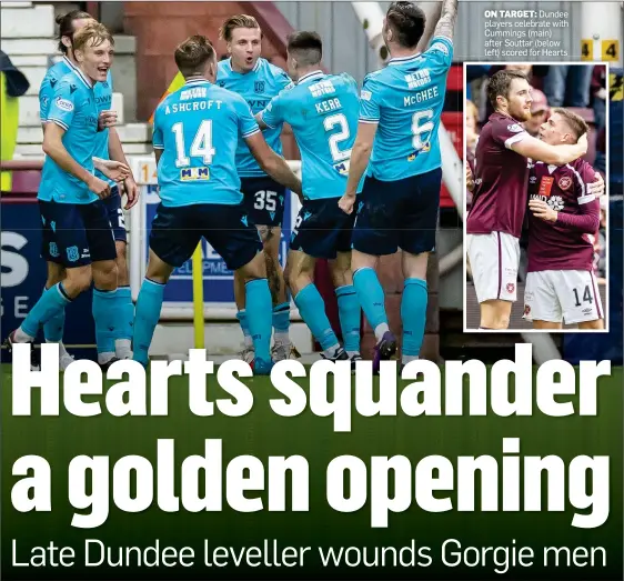  ?? ?? ON TARGET: Dundee players celebrate with Cummings (main) after Souttar (below left) scored for Hearts