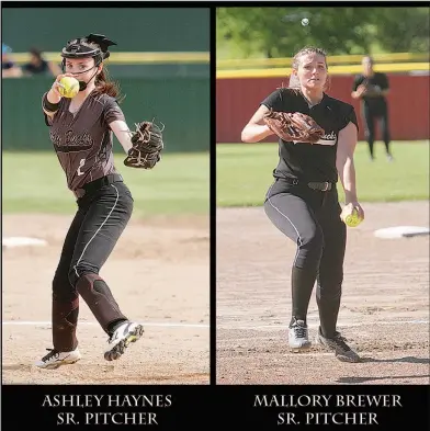  ?? Terrance Armstard/News-Times ?? Dynamic duo: Smackover pitchers Ashley Haynes (left) and Mallory Brewer (right) along with a balanced lineup have helped stake Smackover to a 28-2 record this season. The Lady Bucks begin postseason play today at noon in the semifinals of the district...